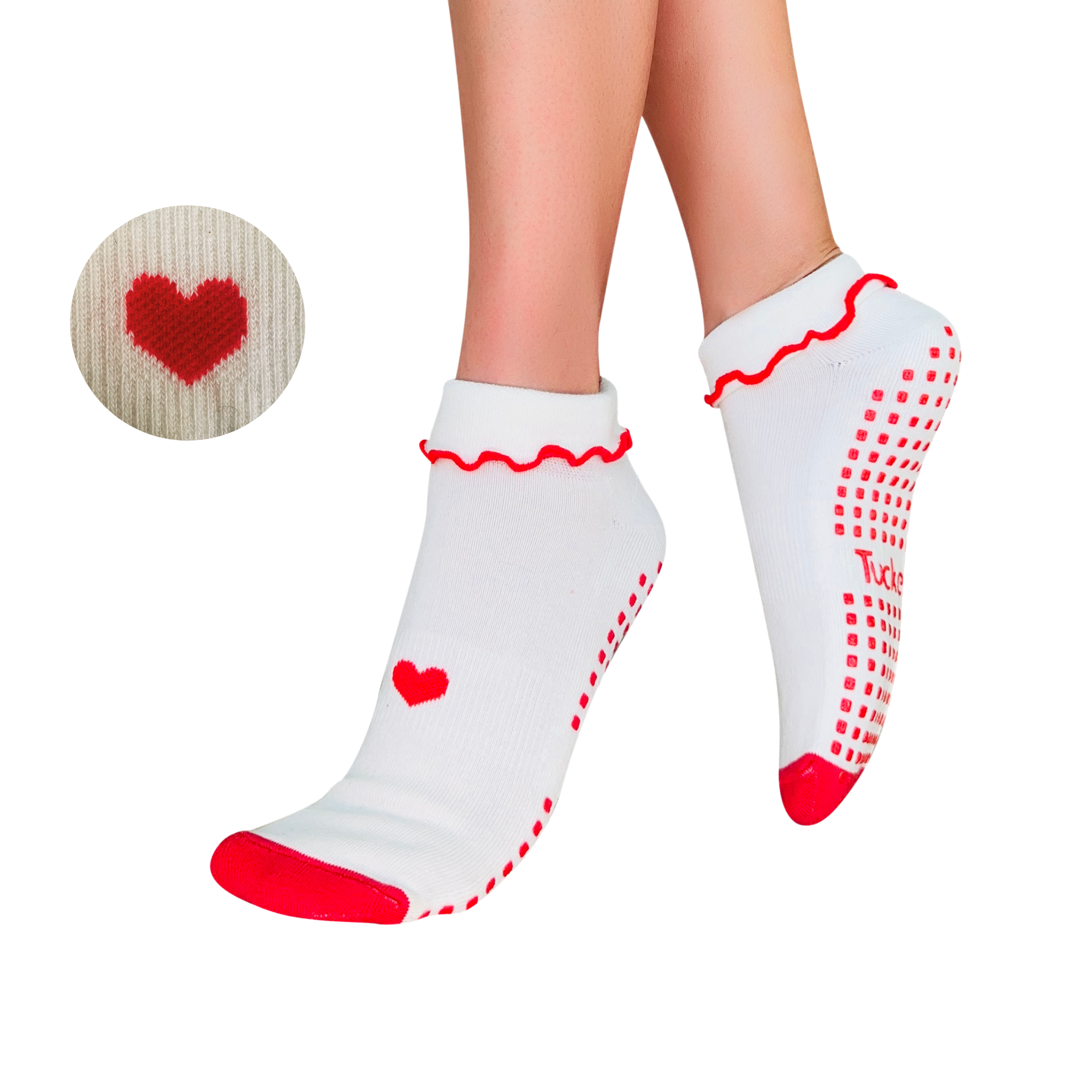 Tucketts Tab Closed  White + Red Heart Ruffle Pilates Socks - Non-Slip Grip, Closed Toe, Barre & Yoga - Women's