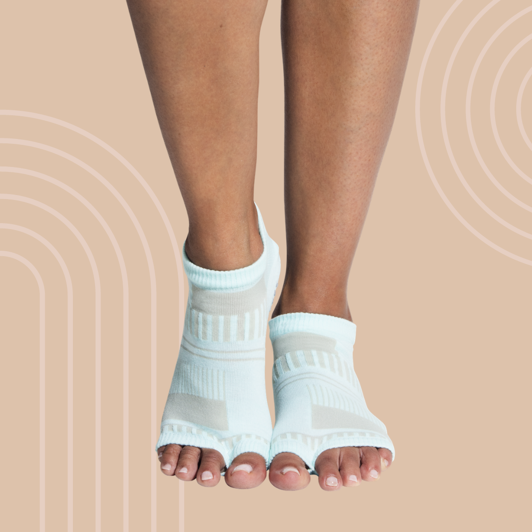 Tucketts Flow Calm Blue Pilates Socks - Non-Slip Grip, Open Toe, Barre & Yoga - Women's