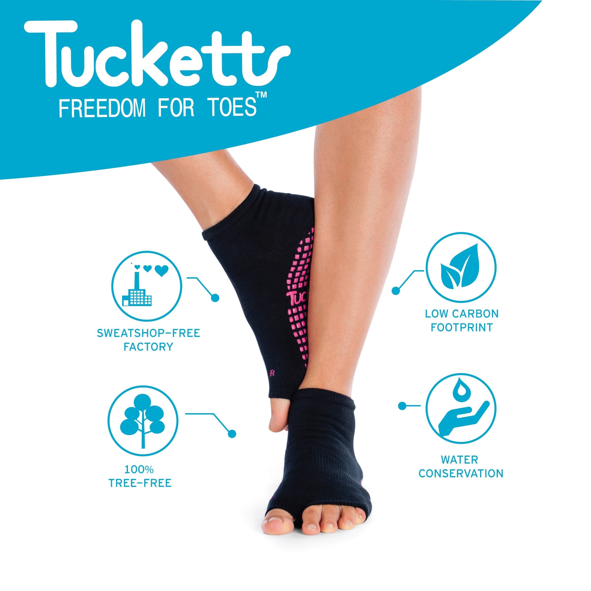 Tucketts Flow Calm Blue Pilates Socks - Non-Slip Grip, Open Toe, Barre & Yoga - Women's