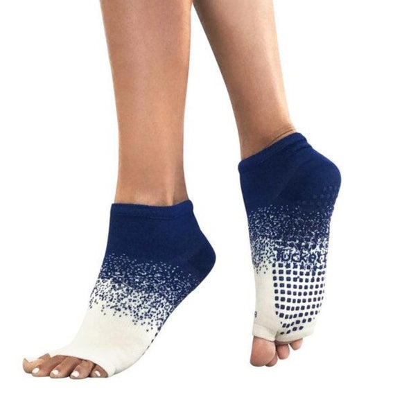 Open toe anklet style sticky socks with blue grippers.blue to cream speckled ombre design.