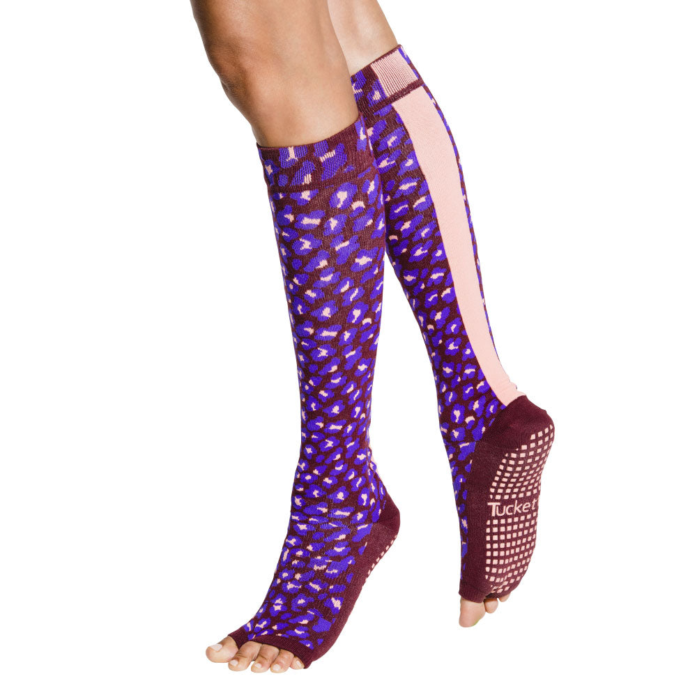 Tucketts Knee High Ultraviolet Peach Pilates Socks - Non-Slip Grip, Open Toe, Barre & Yoga - Women's