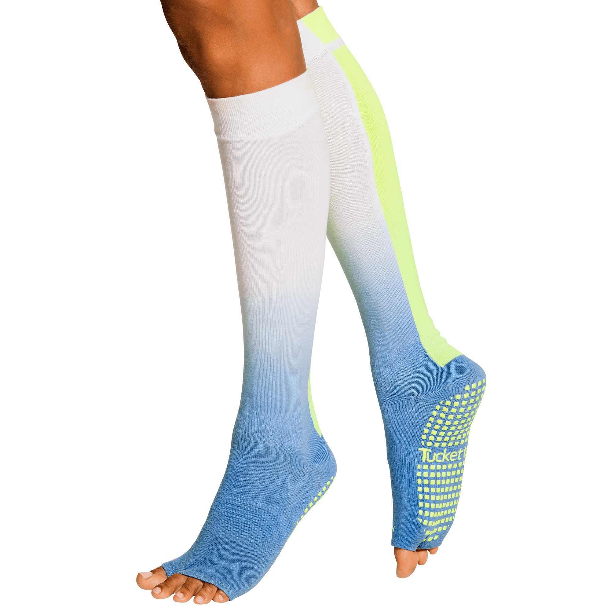 Tucketts Knee High Neon Waters Pilates Socks - Non-Slip Grip, Open Toe, Barre & Yoga - Women's