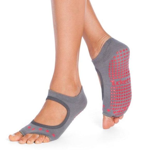 Allegro style open toe grip socks in grey with red grippers and red dots over the toes