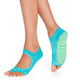allegro style open toe grip socks in turquoise with yellow grippers and dots over the toes