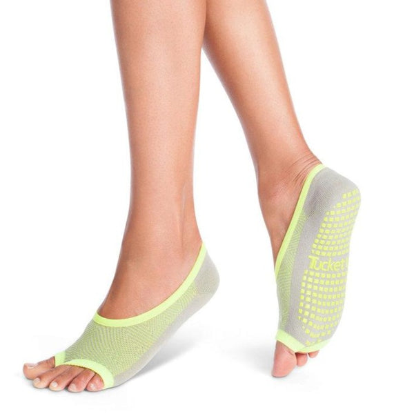 light grey open toe socks with lime geometric overlay and lime grips on the bottom