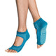 Allegro style open toe grip socks in teal with vertical white lines and grippers
