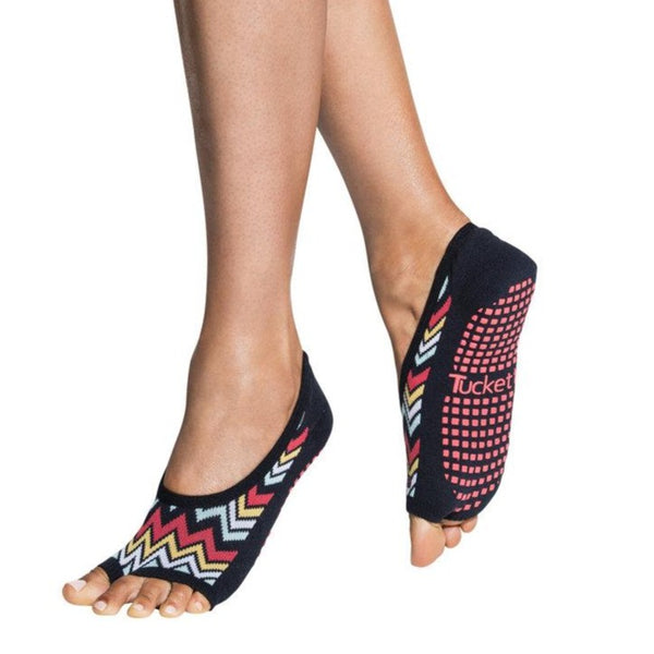 navy blue toe free sticky socks with zig zag pattern and pink grippers