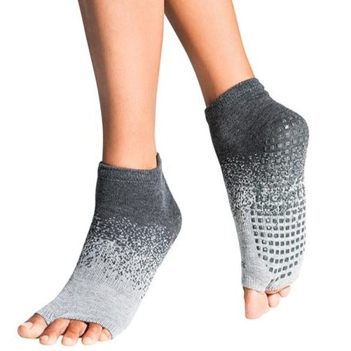 anklet style open toe grip socks with a dark grey to light grey speckled ombre effect
